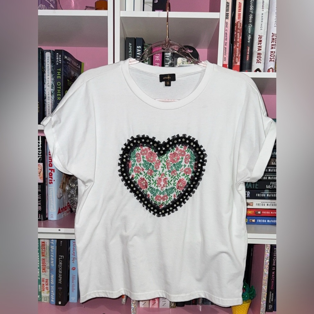 White T-Shirt with Floral Heart Design